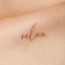 Load image into Gallery viewer, "Namaste Breath Soul Peace Be kind Relax" Wellness Lettering Tattoo