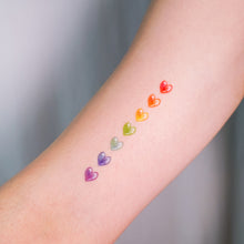 Load image into Gallery viewer, 7 Colors Rainbow Heart is a symbol of love, hope, and following what the heart wants. 紋身貼紙 7 Rainbow Hearts Tattoos (Color)LAZY DUO Temporary Tattoo Sticker since 2015. Original Illustrative designs created by tattoo artists! Safe, waterproof, and fashionable. Cute Matching Tattoo ideas, Black Cat Lucky Cat Body Art, Blessing Tattoo Ideas, Fun Animal Fashion Accessories, Pet Toy, Doodle Cat Tattoos, Piano Tattoos, Fairy Tale Accessories.