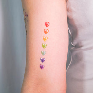  7 Colors Rainbow Heart is a symbol of love, hope, and following what the heart wants. 紋身貼紙  7 Rainbow Hearts Tattoos (Color)LAZY DUO Temporary Tattoo Sticker since 2015. Original Illustrative designs created by tattoo artists! Safe, waterproof, and fashionable. Cute Matching Tattoo ideas, Black Cat Lucky Cat Body Art, Blessing Tattoo Ideas, Fun Animal Fashion Accessories, Pet Toy, Doodle Cat Tattoos, Piano Tattoos, Fairy Tale Accessories.