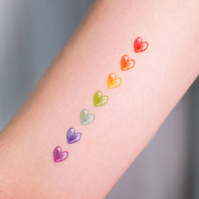 Load image into Gallery viewer, 7 Colors Rainbow Heart is a symbol of love, hope, and following what the heart wants. 紋身貼紙 7 Rainbow Hearts Tattoos (Color)LAZY DUO Temporary Tattoo Sticker since 2015. Original Illustrative designs created by tattoo artists! Safe, waterproof, and fashionable. Cute Matching Tattoo ideas, Black Cat Lucky Cat Body Art, Blessing Tattoo Ideas, Fun Animal Fashion Accessories, Pet Toy, Doodle Cat Tattoos, Piano Tattoos, Fairy Tale Accessories.