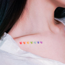 Load image into Gallery viewer, 7 Colors Rainbow Heart is a symbol of love, hope, and following what the heart wants. 紋身貼紙 7 Rainbow Hearts Tattoos (Color)LAZY DUO Temporary Tattoo Sticker since 2015. Original Illustrative designs created by tattoo artists! Safe, waterproof, and fashionable. Cute Matching Tattoo ideas, Black Cat Lucky Cat Body Art, Blessing Tattoo Ideas, Fun Animal Fashion Accessories, Pet Toy, Doodle Cat Tattoos, Piano Tattoos, Fairy Tale Accessories.