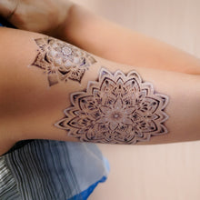 Load image into Gallery viewer, floral mandala Tattoo, mandala tattoo, mandala design, White Tattoo, harmony symbol, balance Symbol, meaningful tattoo, wise tattoo, Temporary Tattoo, Tattoo Sticker, Mandala Flower, Flower Tattoo, Flower Tattoo Design, Lotus Flower Tattoo, Floral mandala, multi-layered and bright, With dots and white highlights, a stunning sight, Symbolizing the universe, balance, and harmony, A symbol of oneness, and unity.