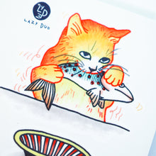 Load image into Gallery viewer, Cat Loves Fish Tattoo - LAZY DUO TATTOLife of Cat Feeding Tattoo Ideas Golden Kitten Tattoo Meow Naughty Cat Neko Tattoos HK Temporary Tattoo Sticker Water Color Tattoo LAZY DUO Tattoo Shop Hong Kong HK 愛玩百厭貓紋身黃貓浪浪喵寵物刺青 浪浪香港紋身貼紙刺青紋身師設計印刷訂做客製 Custom Temporary Tattoo Event Printing Tattooist artist HK tattoo shop MANE INK Tattooer Tattoo Artist Taiwan fine line ornament tattoo 台灣製 刺青師紋身師 O