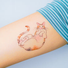 Load image into Gallery viewer, Sleepy Calico Cat Loves Belly Rubbing Tattoo Ideas Neko Golden Kitten Tattoo Meow Cat Neko Tattoos HK Temporary Tattoo Sticker Water Color Tattoo LAZY DUO Tattoo Shop Hong Kong HK 三色貓摸肚肚紋身貓女浪浪喵寵物刺青 浪浪香港紋身貼紙刺青紋身師設計印刷訂做客製 Custom Temporary Tattoo Event Printing Tattooist artist HK tattoo shop MANE INK Tattooer Tattoo Artist Taiwan fine line ornament tattoo 台灣製 刺青師紋身師