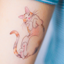 Load image into Gallery viewer, Sleepy Calico Cat Loves Belly Rubbing Tattoo Ideas Neko Golden Kitten Tattoo Meow Cat Neko Tattoos HK Temporary Tattoo Sticker Water Color Tattoo LAZY DUO Tattoo Shop Hong Kong HK 三色貓摸肚肚紋身貓女浪浪喵寵物刺青 浪浪香港紋身貼紙刺青紋身師設計印刷訂做客製 Custom Temporary Tattoo Event Printing Tattooist artist HK tattoo shop MANE INK Tattooer Tattoo Artist Taiwan fine line ornament tattoo 台灣製 刺青師紋身師