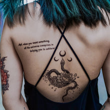 Load image into Gallery viewer, Alchemy Snake Moon and Rose Tattoos Peony Tattoos Tarot Tattoos Realistic tattoo Stickers Long Lasting Temporary Tattoos Skull Crown Tattoo Old School Tattoo American Tattoo HK Hong Kong Rose Tattoo Black Work Temporary Tattoo INK LAZY DUO 香港刺青紋身貼紙訂做印刷活動推廣 印水紙插畫設計 香港女紋身師Manyee 美式粗體 紋身蛇刺青 迷宮刺青 自由神秘塔羅刺青 玫瑰紋身 刺青王冠紋身 牡丹花刺青