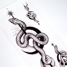 Load image into Gallery viewer, Alchemy Moon Snake & Peony Flower Tattoo - LAZY DUO TATTOO Alchemy Snake Moon and Rose Tattoos Peony Tattoos Tarot Tattoos Realistic tattoo Stickers Long Lasting Temporary Tattoos Skull Crown Tattoo Old School Tattoo American Tattoo HK Hong Kong Rose Tattoo Black Work Temporary Tattoo INK LAZY DUO 香港刺青紋身貼紙訂做印刷活動推廣 印水紙插畫設計 香港女紋身師Manyee 美式粗體 紋身蛇刺青 迷宮刺青 自由神秘塔羅刺青 玫瑰紋身 刺青王冠紋身 牡丹花刺青