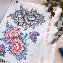 Load image into Gallery viewer, Old Hong Kong Vintage Peony Flower Tattoos LAZY DUO Temporary Tattoo Shop HK Hong Kong Mane.ink 香港刺青紋身貼紙設計印刷訂做客製 stom Temporary Tattoo Event Printing Tattooist artist HK tattoo shop MANE 動物刺青 彩色紋身 香港女紋身師刺青師 認領圖日系小清新韓國刺青