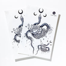 Load image into Gallery viewer, Alchemy Moon Snake & Peony Flower Tattoo - LAZY DUO TATTOO Alchemy Snake Moon and Rose Tattoos Peony Tattoos Tarot Tattoos Realistic tattoo Stickers Long Lasting Temporary Tattoos Skull Crown Tattoo Old School Tattoo American Tattoo HK Hong Kong Rose Tattoo Black Work Temporary Tattoo INK LAZY DUO 香港刺青紋身貼紙訂做印刷活動推廣 印水紙插畫設計 香港女紋身師Manyee 美式粗體 紋身蛇刺青 迷宮刺青 自由神秘塔羅刺青 玫瑰紋身 刺青王冠紋身 牡丹花刺青