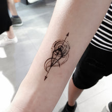 Load image into Gallery viewer, Arrow Spiral & Moon Tattoo - LAZY DUO TATTOO Hong Kong Tattoo Sticker HK made in Taiwan MIT Mane Ink