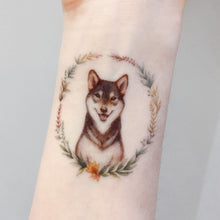 Load image into Gallery viewer, Watercolor Floral Kitten and Shiba Tattoo - LAZY DUO TATTOO