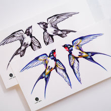 Load image into Gallery viewer, Swallow Tattoo, Bird tattoo, Realistic Color Temporary tattoo Sticker, Fun Animal tattoo, Fake Tattoo, Swallow pair tattoo, bohemian Tattoo 燕子刺青 LAZY DUO Temporary Tattoo Sticker - Swallow Tattoo Hong Kong Mane Ink 香港紋身貼紙 女紋身師