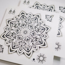 Load image into Gallery viewer, floral mandala Tattoo, mandala tattoo, mandala design, White Tattoo, harmony symbol, balance Symbol, meaningful tattoo, wise tattoo, Temporary Tattoo, Tattoo Sticker, Mandala Flower, Flower Tattoo, Flower Tattoo Design, Lotus Flower Tattoo, Floral mandala, multi-layered and bright, With dots and white highlights, a stunning sight, Symbolizing the universe, balance, and harmony, A symbol of oneness, and unity.