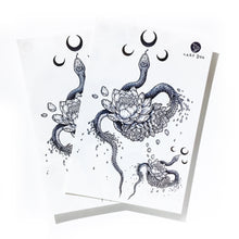 Load image into Gallery viewer, Alchemy Snake & Moon Tattoo - LAZY DUO TATTOO Alchemy Snake Tattoos Moon Tattoos Men Tattoos Blackwork Tattoos Dark Tattoos Tarot Tattoos Realistic tattoo Stickers Long Lasting Temporary Tattoos Skull Crown Tattoo Old School Tattoo American Tattoo HK Hong Kong Rose Tattoo Black Work Temporary Tattoo INK LAZY DUO香港刺青紋身貼紙訂做印刷活動 紋身師 美式粗黑曼陀羅圓迷宮 自由 神秘 塔羅 玫瑰 王冠
