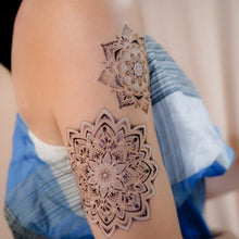 Load image into Gallery viewer, floral mandala Tattoo, mandala tattoo, mandala design, White Tattoo, harmony symbol, balance Symbol, meaningful tattoo, wise tattoo, Temporary Tattoo, Tattoo Sticker, Mandala Flower, Flower Tattoo, Flower Tattoo Design, Lotus Flower Tattoo, Floral mandala, multi-layered and bright, With dots and white highlights, a stunning sight, Symbolizing the universe, balance, and harmony, A symbol of oneness, and unity.