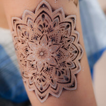 Load image into Gallery viewer, floral mandala Tattoo, mandala tattoo, mandala design, White Tattoo, harmony symbol, balance Symbol, meaningful tattoo, wise tattoo, Temporary Tattoo, Tattoo Sticker, Mandala Flower, Flower Tattoo, Flower Tattoo Design, Lotus Flower Tattoo, Floral mandala, multi-layered and bright, With dots and white highlights, a stunning sight, Symbolizing the universe, balance, and harmony, A symbol of oneness, and unity.