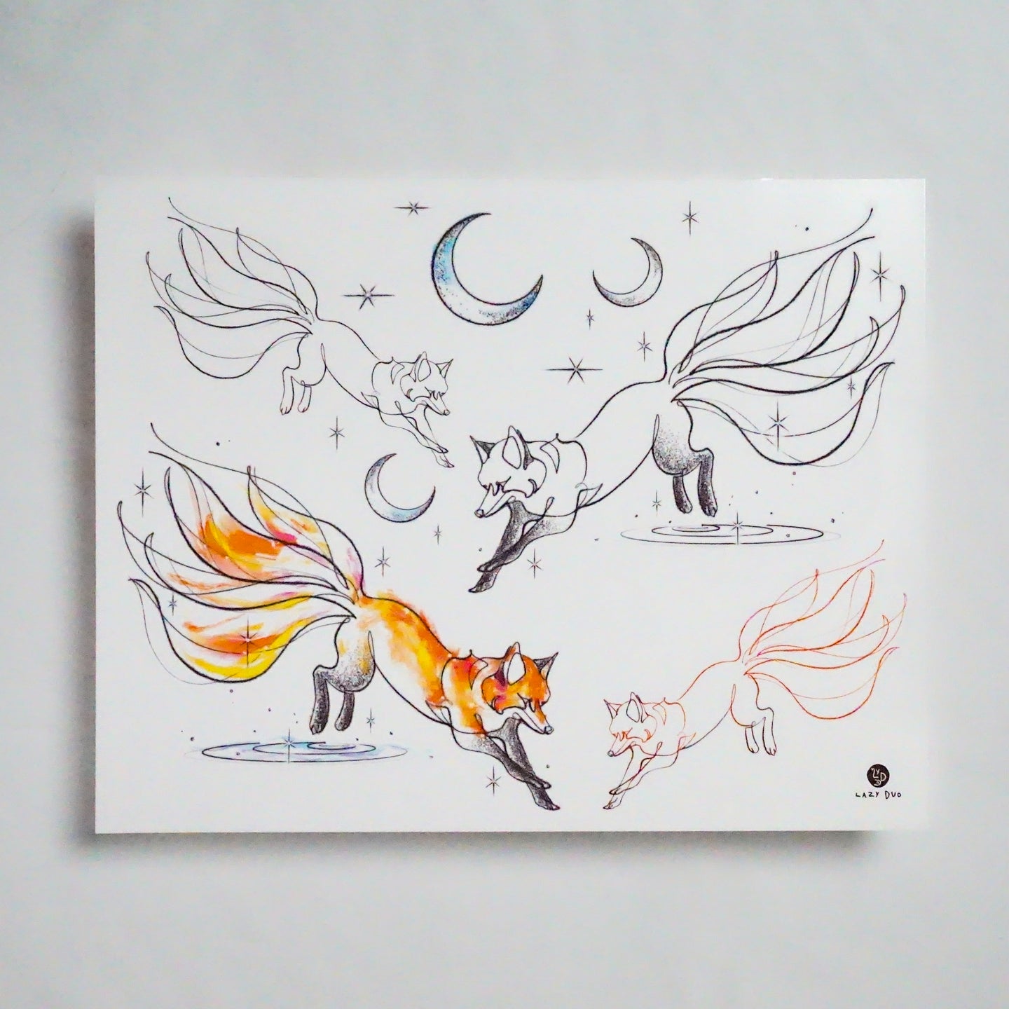 Continuous Line Magical Moonlight Fox Tattoo Stickers (Orange & Black)
