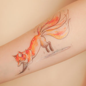 Continuous Line Magical Moonlight Fox Tattoo Stickers (Orange & Black)