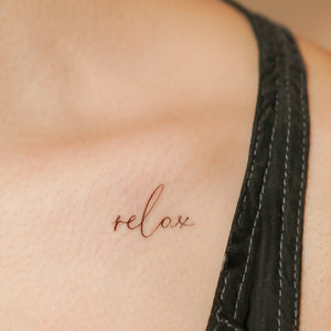 "Namaste Breath Soul Peace Be kind Relax" Wellness Lettering Tattoo