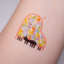 Load image into Gallery viewer, Black Cat Napping on A Piano Safe, waterproof, and fashionable. Cute Matching Tattoo ideas, Black Cat Lucky Cat Body Art, Blessing Tattoo Ideas, Fun Animal Fashion Accessories, Pet Toy, Doodle Cat Tattoos, Piano Tattoos, Fairy Tale Accessories.
