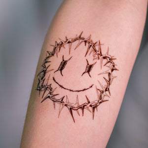 香港紋身貼紙 Barbed Wire Spiked Smiley Tattoo and Heart Tattoo by LAZY DUO TATTOO, Fun Black & grey Tattoo art, HK Temporary Tattoo Sticker, Hong Kong tattoo  artist, Fake tattoos 