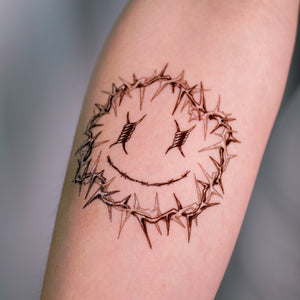 香港紋身貼紙 Barbed Wire Spiked Smiley Tattoo and Heart Tattoo by LAZY DUO TATTOO, Fun Black & grey Tattoo art, HK Temporary Tattoo Sticker, Hong Kong tattoo  artist, Fake tattoos 