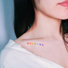 Load image into Gallery viewer,  7 Colors Rainbow Heart is a symbol of love, hope, and following what the heart wants. 紋身貼紙  7 Rainbow Hearts Tattoos (Color)LAZY DUO Temporary Tattoo Sticker since 2015. Original Illustrative designs created by tattoo artists! Safe, waterproof, and fashionable. Cute Matching Tattoo ideas, Black Cat Lucky Cat Body Art, Blessing Tattoo Ideas, Fun Animal Fashion Accessories, Pet Toy, Doodle Cat Tattoos, Piano Tattoos, Fairy Tale Accessories.
