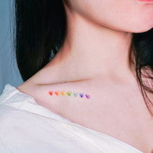 Load image into Gallery viewer,  7 Colors Rainbow Heart is a symbol of love, hope, and following what the heart wants. 紋身貼紙  7 Rainbow Hearts Tattoos (Color)LAZY DUO Temporary Tattoo Sticker since 2015. Original Illustrative designs created by tattoo artists! Safe, waterproof, and fashionable. Cute Matching Tattoo ideas, Black Cat Lucky Cat Body Art, Blessing Tattoo Ideas, Fun Animal Fashion Accessories, Pet Toy, Doodle Cat Tattoos, Piano Tattoos, Fairy Tale Accessories.
