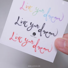 Load and play video in Gallery viewer, Live your dream - Rainbow color Calligraphy Lettering Tattoo Sticker (Rainbow, Red, Black)
