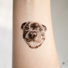Load image into Gallery viewer, Happy PitBull Terrier Dog Tattoo Adorable Pitbull Smiling Lovely Pet Portrait Tattoo Animal Tattoo Colorful Animal Tattoo Lover Sticker | Realistic Temporary Tattoos | LAZY DUO TATTOO
