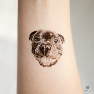 Happy PitBull Terrier Dog Tattoo Adorable Pitbull Smiling Lovely Pet Portrait Tattoo Animal Tattoo Colorful Animal Tattoo Lover Sticker | Realistic Temporary Tattoos | LAZY DUO TATTOO