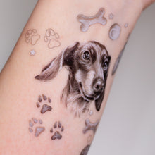 Load image into Gallery viewer, Dog mom temporary tattoo, Dog owner sticker, Adorable dachshund tattoos, Pet-themed temporary tattoos, Dachshund silhouette tattoo, Pet lover sticker, Temporary pet tattoos, Dachshund paw print tattoo, 
