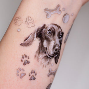 Dog mom temporary tattoo, Dog owner sticker, Adorable dachshund tattoos, Pet-themed temporary tattoos, Dachshund silhouette tattoo, Pet lover sticker, Temporary pet tattoos, Dachshund paw print tattoo, 