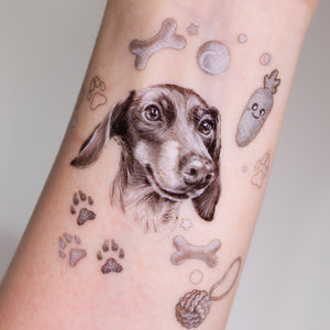 Dachshund temporary tattoo, Dog-themed temporary tattoos, Cute dog tattoos, Temporary dog stickers, Dachshund lover tattoo, LAZY DUO Temporary Tattoo Sticker since 2015. Hong Kong Tattoo Shop, 