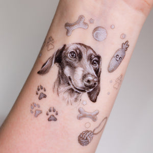 LAZY DUO Temporary Tattoo Sticker since 2015. Hong Kong Tattoo Shop, Temporary pet tattoos, Dachshund paw print tattoo, Dog-themed sticker set, Temporary dog paw print tattoos, Dachshund breed tattoo, Cute pet stickers, Dog-themed party favors. Trendy dog tattoos, Pet-themed gift ideas