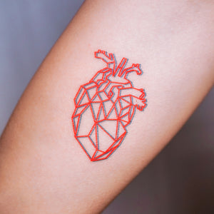 Minimalism Geometric Heart Temporary Tattoo Sticker by LAZY DUO HK. Realistic, long lasting and non-toxic 香港原創紋身貼紙品牌 安全無毒 防水防敏 持久像真 立體幾何心臟刺青紋身貼紙香港 Red Geometric Heart | LAZY DUO TATTOO HK
