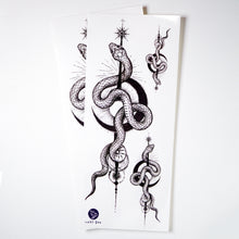 Load image into Gallery viewer, Alchemy Snake &amp; Moon Tattoo - LAZY DUO TATTOO Alchemy Snake Tattoos Moon Tattoos Men Tattoos Blackwork Tattoos Dark Tattoos Tarot Tattoos Realistic tattoo Stickers Long Lasting Temporary Tattoos Skull Crown Tattoo Old School Tattoo American Tattoo HK Hong Kong Rose Tattoo Black Work Temporary Tattoo INK LAZY DUO香港刺青紋身貼紙訂做印刷活動 紋身師 美式粗黑曼陀羅圓迷宮 自由 神秘 塔羅 玫瑰 王冠
