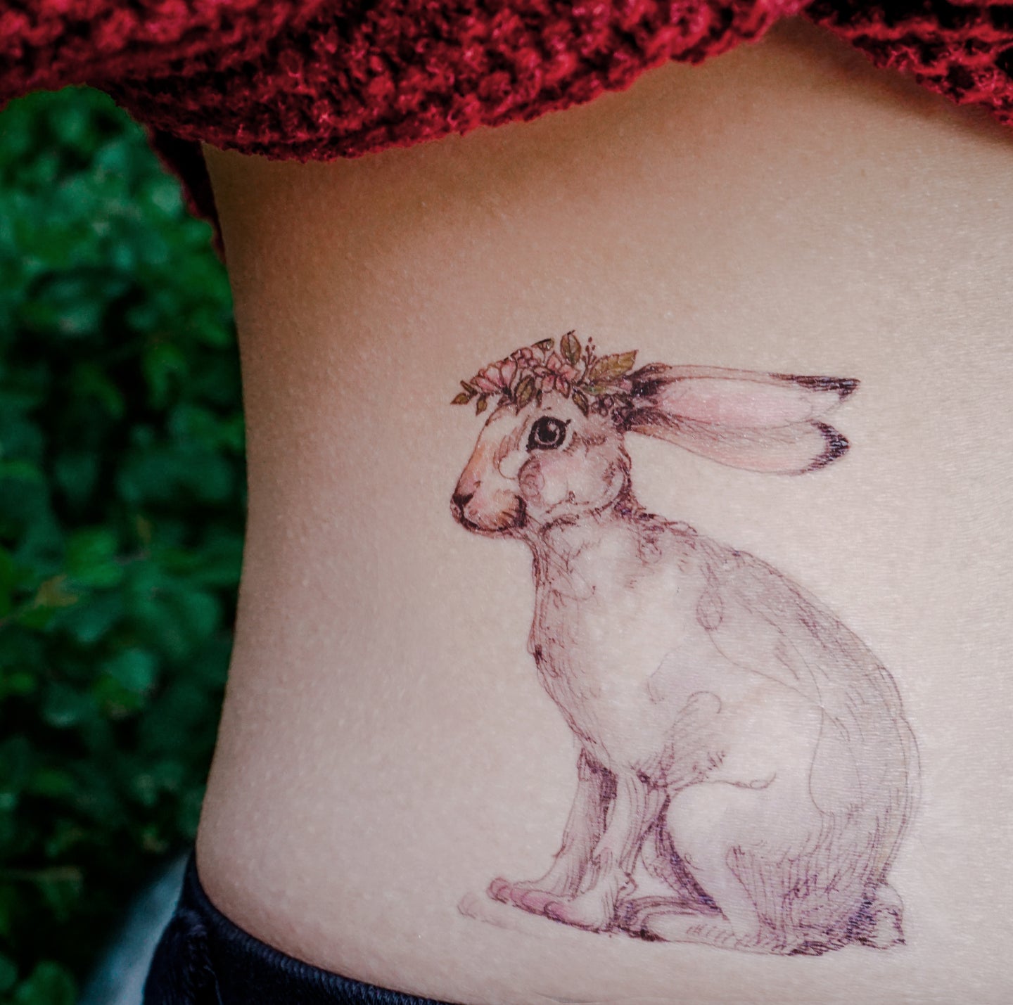 Watercolor Bunny with Flower Band Tattoos - LAZY DUO TATTOO