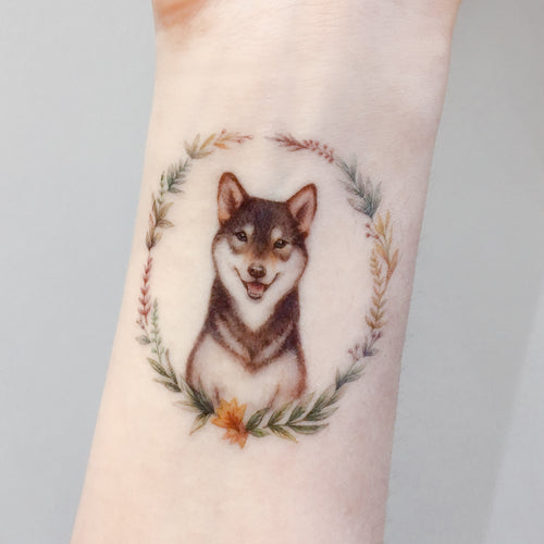 Watercolor Floral Kitten and Shiba Tattoo - LAZY DUO TATTOO