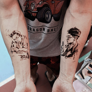 Ink-wash Japanese Writer's Portrait Tattoos - LAZY DUO TATTOO