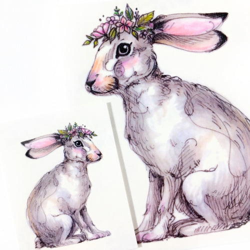 Watercolor Bunny with Flower Band Tattoos - LAZY DUO TATTOO