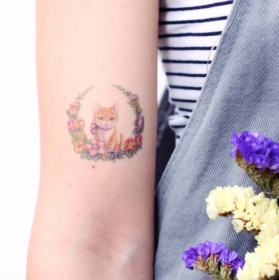 Watercolor Floral Kitten and Shiba Tattoo - LAZY DUO TATTOO