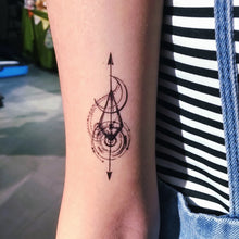 Load image into Gallery viewer, Arrow Spiral &amp; Moon Tattoo - LAZY DUO TATTOO Hong Kong Tattoo Sticker HK made in Taiwan MIT Mane Ink
