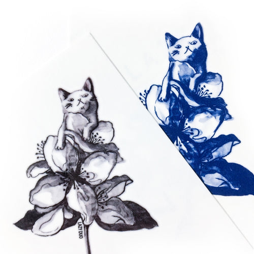 Silly Cat with Flower Tattoo - LAZY DUO TATTOO