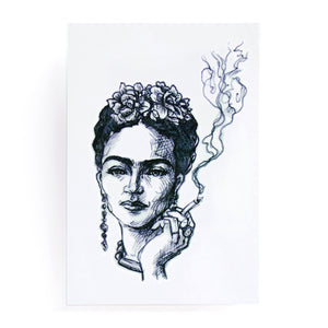 Frida Kahlo Smoking a Cigarette Small Portrait Tattoo Sticker (Black)