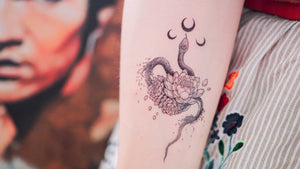 Alchemy Moon Snake & Peony Flower Tattoo - LAZY DUO TATTOO Alchemy Snake Moon and Rose Tattoos Peony Tattoos Tarot Tattoos Realistic tattoo Stickers Long Lasting Temporary Tattoos Skull Crown Tattoo Old School Tattoo American Tattoo HK Hong Kong Rose Tattoo Black Work Temporary Tattoo INK LAZY DUO 香港刺青紋身貼紙訂做印刷活動推廣 印水紙插畫設計 香港女紋身師Manyee 美式粗體 紋身蛇刺青 迷宮刺青 自由神秘塔羅刺青 玫瑰紋身 刺青王冠紋身 牡丹花刺青