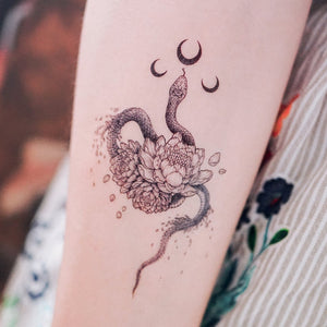 Alchemy Moon Snake & Peony Flower Tattoo - LAZY DUO TATTOO Alchemy Snake Moon and Rose Tattoos Peony Tattoos Tarot Tattoos Realistic tattoo Stickers Long Lasting Temporary Tattoos Skull Crown Tattoo Old School Tattoo American Tattoo HK Hong Kong Rose Tattoo Black Work Temporary Tattoo INK LAZY DUO 香港刺青紋身貼紙訂做印刷活動推廣 印水紙插畫設計 香港女紋身師Manyee 美式粗體 紋身蛇刺青 迷宮刺青 自由神秘塔羅刺青 玫瑰紋身 刺青王冠紋身 牡丹花刺青