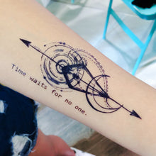 Load image into Gallery viewer, Arrow Spiral &amp; Moon Tattoo - LAZY DUO TATTOO Hong Kong Tattoo Sticker HK made in Taiwan MIT Mane Ink

