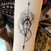 Load image into Gallery viewer, Arrow Spiral &amp; Moon Tattoo - LAZY DUO TATTOO Hong Kong Tattoo Sticker HK made in Taiwan MIT Mane Ink 香港紋身貼紙 女紋身師
