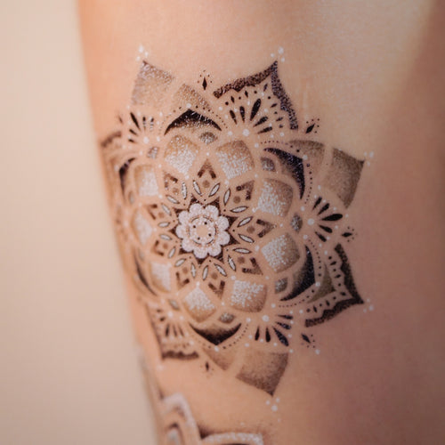 floral mandala Tattoo, mandala tattoo, mandala design, White Tattoo, harmony symbol, balance Symbol, meaningful tattoo, wise tattoo, Temporary Tattoo, Tattoo Sticker, Mandala Flower, Flower Tattoo, Flower Tattoo Design, Lotus Flower Tattoo, Floral mandala, multi-layered and bright, With dots and white highlights, a stunning sight, Symbolizing the universe, balance, and harmony, A symbol of oneness, and unity. 